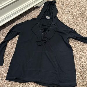 black lace up neck hooded sweater